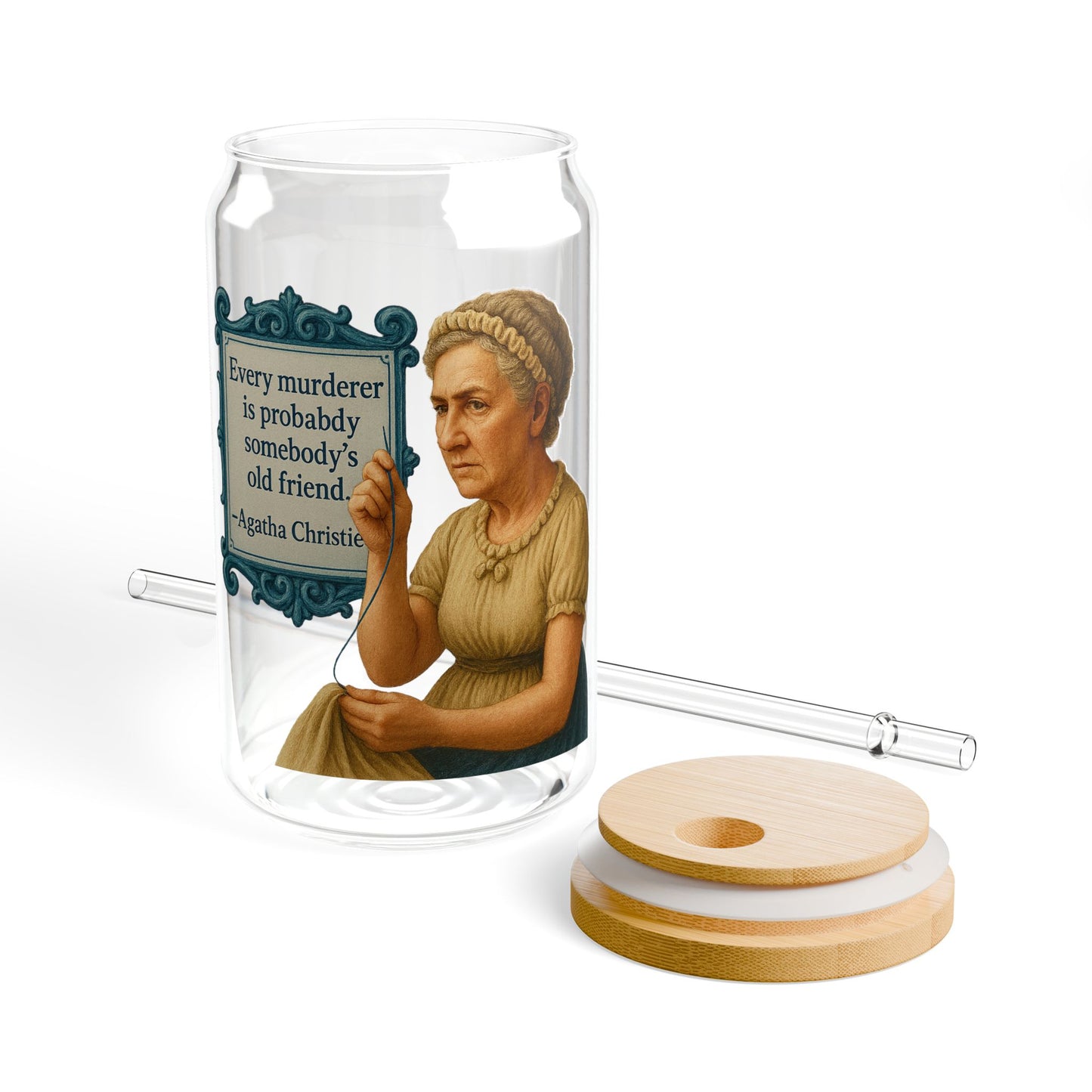 Agatha Christie Vintage Sipper Glass, 16oz Mason Jar, Retro Drinkware, Happy Hour Gift, Eco-friendly Beverage Container, Party Favor