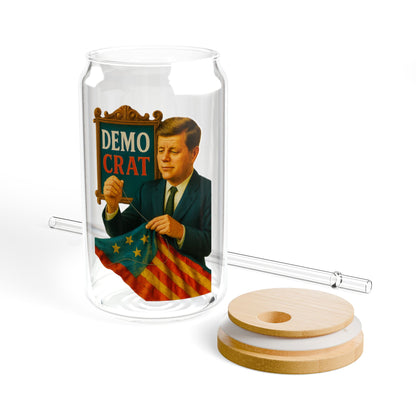 JFK Vintage Political Sipper Glass, 16oz Mason Jar, Retro Drinkware, Happy Hour Gift, Eco-friendly Beverage Container, Party Favor