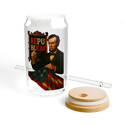 Lincoln Vintage Political Sipper Glass, 16oz Mason Jar, Retro Drinkware, Happy Hour Gift, Eco-friendly Beverage Container, Party Favor