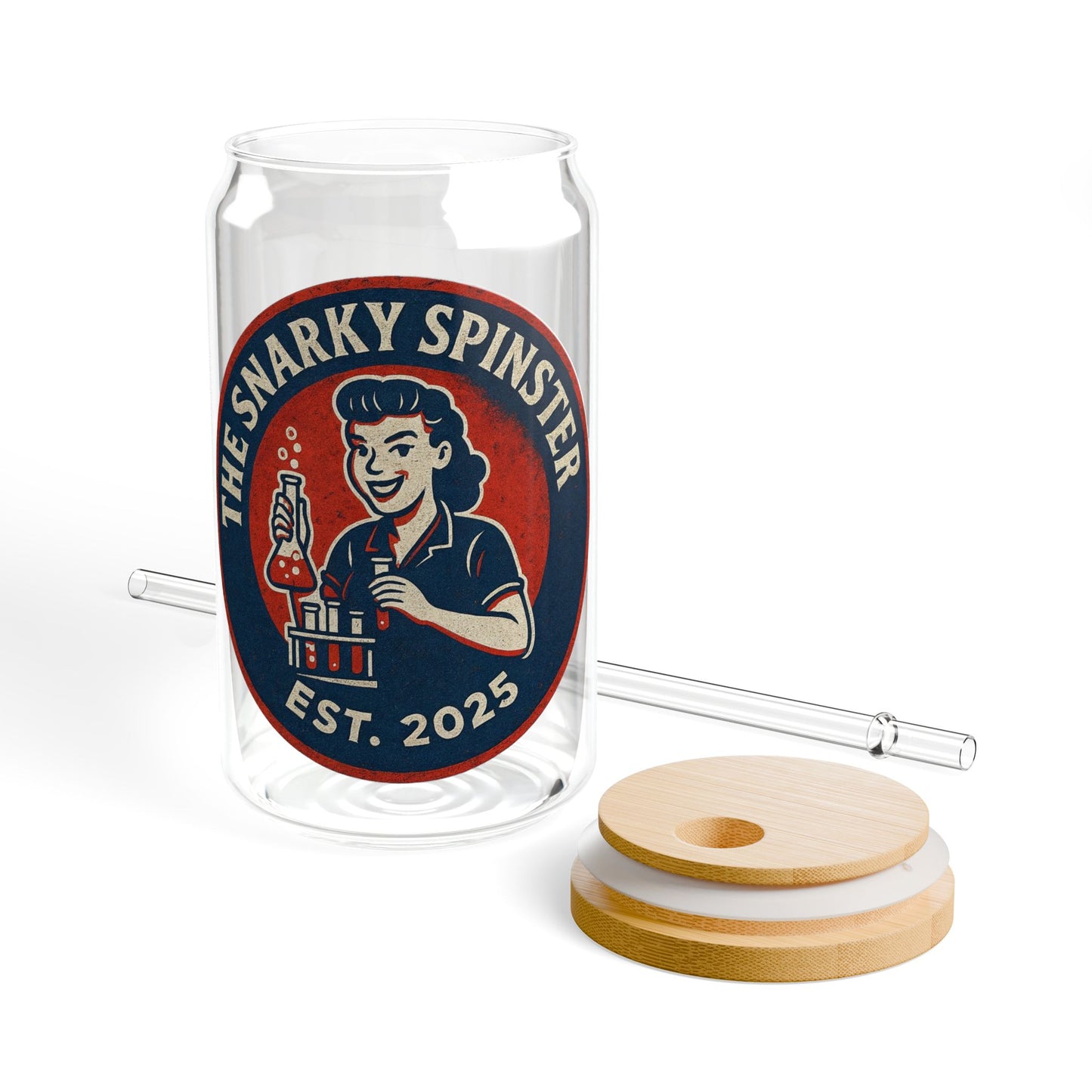 Mad Scientist Spinster Vintage Sipper Glass, 16oz Mason Jar, Retro Drinkware, Happy Hour Gift, Eco-friendly Beverage Container, Party Favor