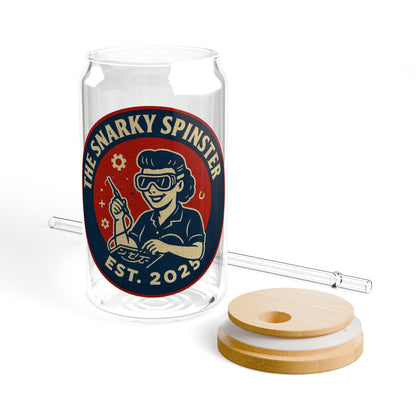 Tech Queen Spinster Vintage Sipper Glass, 16oz Mason Jar, Retro Drinkware, Happy Hour Gift, Eco-friendly Beverage Container, Party Favor