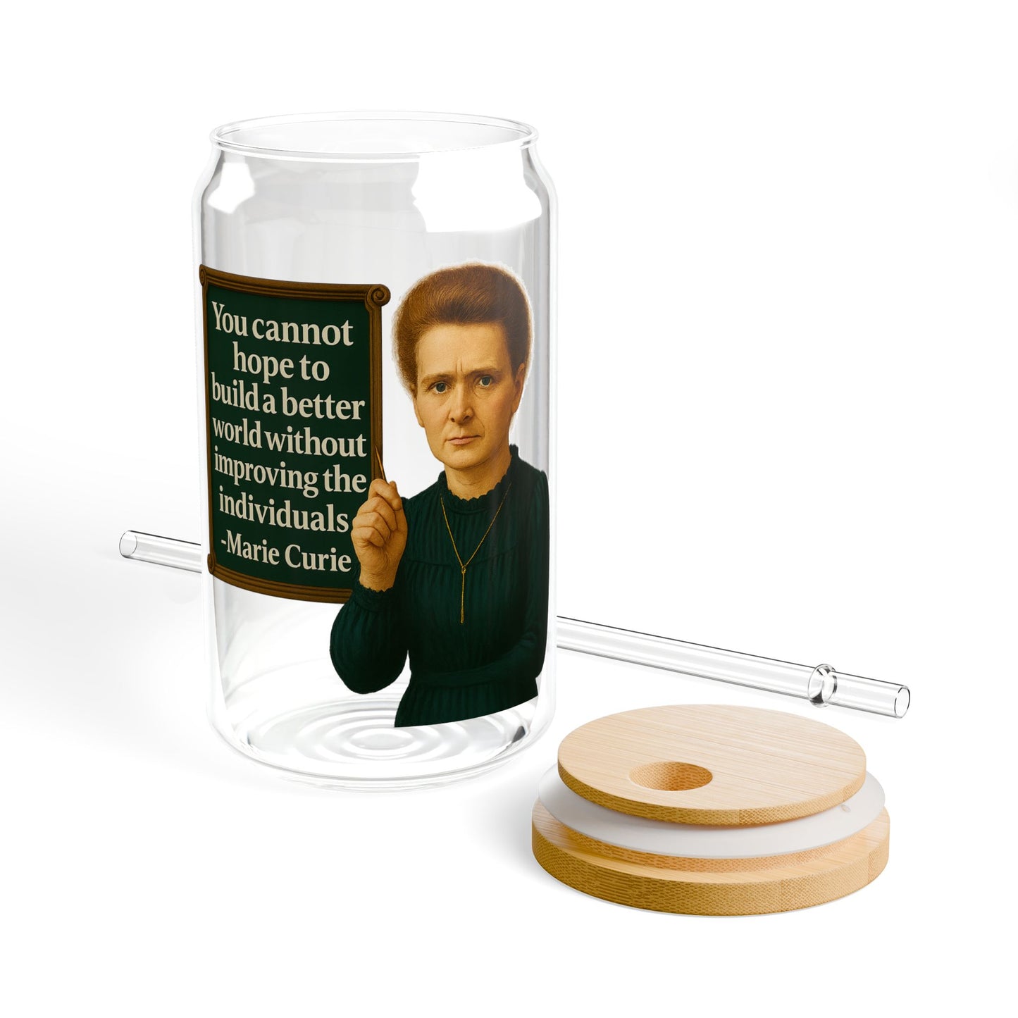 Marie Curie Vintage Sipper Glass, 16oz Mason Jar, Retro Drinkware, Happy Hour Gift, Eco-friendly Beverage Container, Party Favor