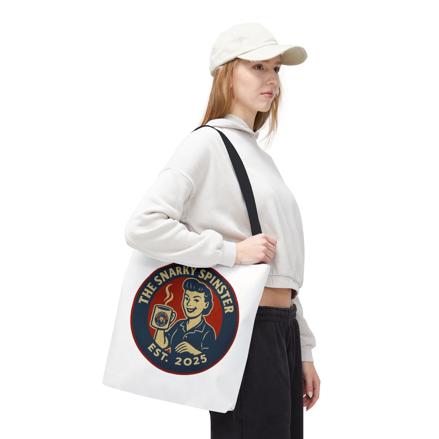 Coffee Crazed Snarky Spinster Tote Bag - Fun Grocery Bag, Gift for Feminists, Retro Style, Sustainability, Everyday Use