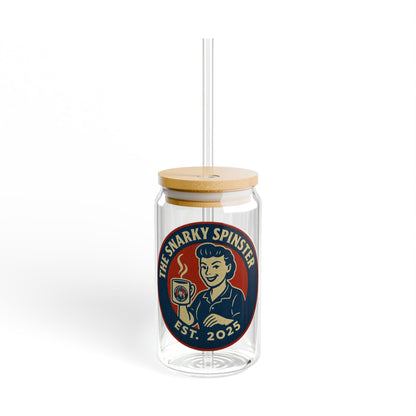 Coffee Addict Spinster Vintage Sipper Glass, 16oz Mason Jar, Retro Drinkware, Happy Hour Gift, Eco-friendly Beverage Container, Party Favor