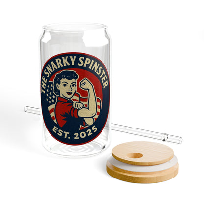 Patriotic Spinster Vintage Sipper Glass, 16oz Mason Jar, Retro Drinkware, Happy Hour Gift, Eco-friendly Beverage Container, Party Favor