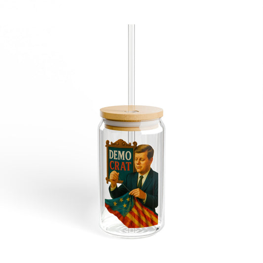 JFK Vintage Political Sipper Glass, 16oz Mason Jar, Retro Drinkware, Happy Hour Gift, Eco-friendly Beverage Container, Party Favor