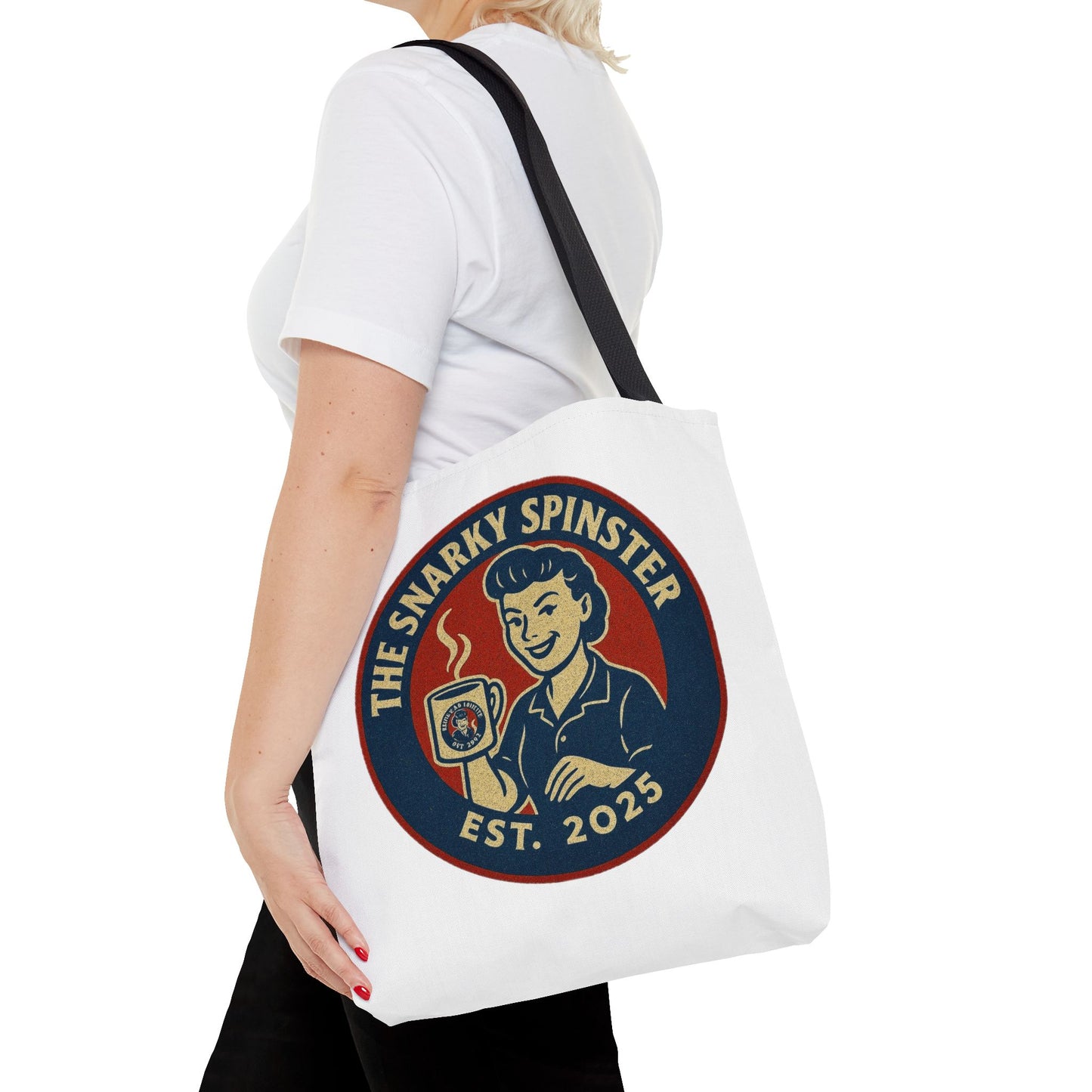 Coffee Crazed Snarky Spinster Tote Bag - Fun Grocery Bag, Gift for Feminists, Retro Style, Sustainability, Everyday Use